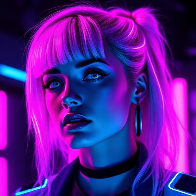 Портрет киберпанк девушки с неоновыми волосами