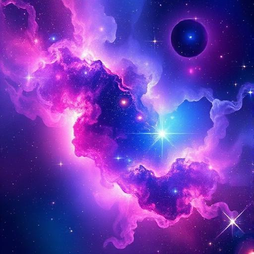 AI-изображение: абстрактная космическая сцена с разноцветными галактиками и туманностями