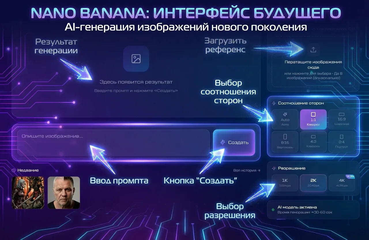 Интерфейс Nano Banana для AI-генерации изображений с выбором соотношения сторон и разрешения