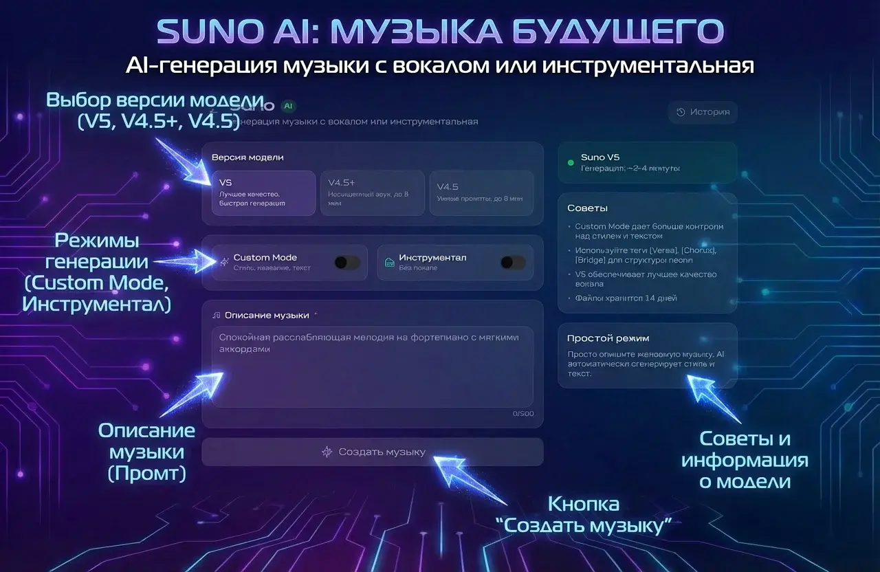 Интерфейс Suno AI для генерации музыки с выбором версии модели и режимов Custom Mode